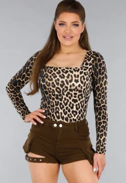 Longsleeve Leopard Stretch Top met Vierkante Hals
