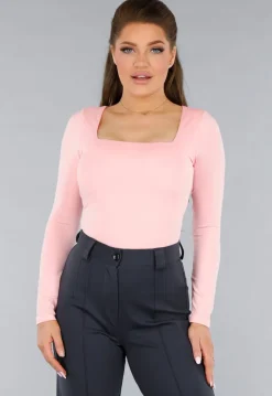 Longsleeve Lichtroze Stretchstof Shirt met Vierkante Hals