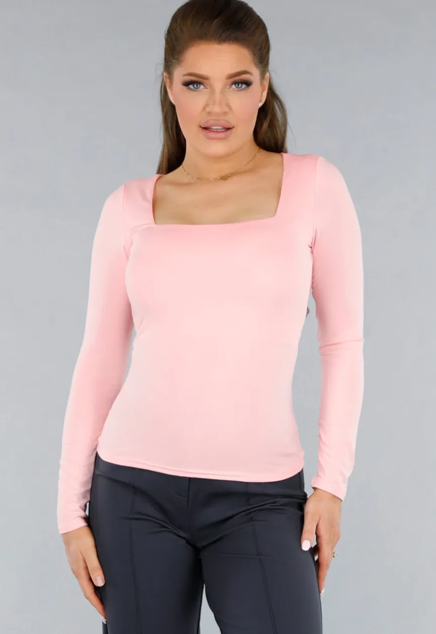 Longsleeve Lichtroze Stretchstof Shirt met Vierkante Hals