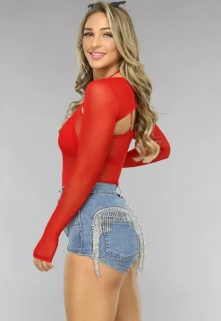 Longsleeve Mesh Bodysuit Set in Rood