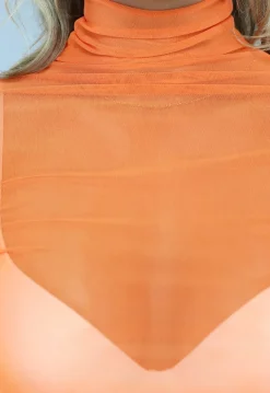 Longsleeve Oranje Mesh Top met Geplooide Mouwen