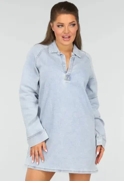 Longsleeve Oversized Denim Jurk met V-hals