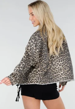 Luipaardprint Denim Jas met Klepzakken en Trekkoord