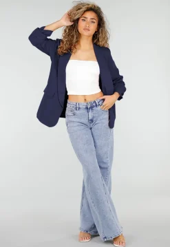 Marine Blauwe Blazer met Geplooide Driekwart Mouwen