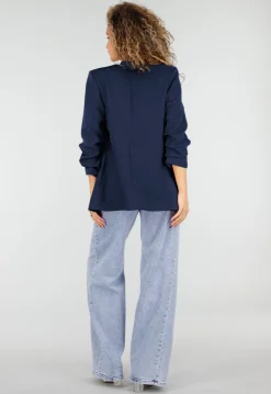 Marine Blauwe Blazer met Geplooide Driekwart Mouwen