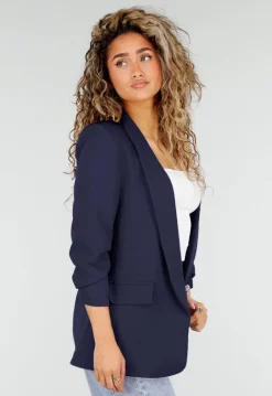 Marine Blauwe Blazer met Geplooide Driekwart Mouwen