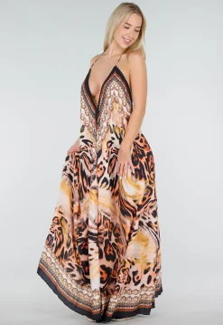 Maxi Jurk met Print, Strass Details en Verstelbare Bandjes
