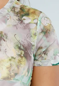 Mesh Bodysuit met Korte Mouwen en Zachte Bloemenprint