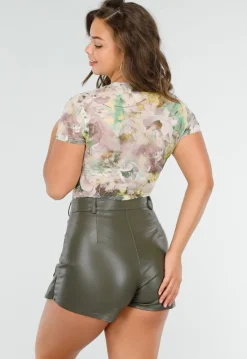 Mesh Bodysuit met Korte Mouwen en Zachte Bloemenprint