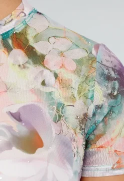 Mesh Bodysuit met Korte Mouwen en Zachte Multicolor Bloemenprint