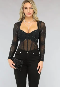 Mesh Glitter Bodysuit met Korset Look