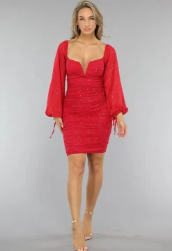 Mesh Glitter Jurk in Rood met Pofmouwen