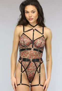 Mesh Luipaard Body met Beugels en Kinky Straps