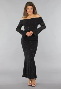 Mesh Maxi Jurk met Off Shoulder Model