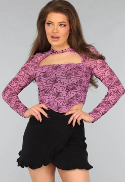 Mesh Roze Korset Top met Velvet Bloemen