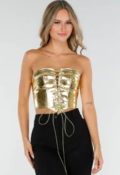 Metallic Gouden Korset Top met Rijgwerk