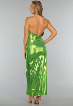Metallic Groene Maxi Jurk met Vlinders