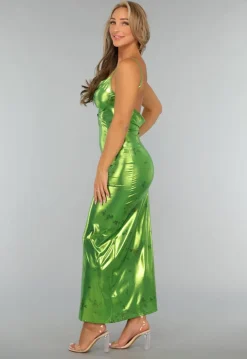 Metallic Groene Maxi Jurk met Vlinders