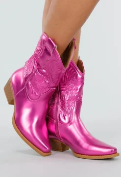 Metallic Roze Cowboylaarzen met Stiksel en Lage Hak