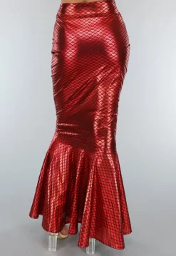 Metallic Zeemeermin Rok in Rood met Schubbenpatroon