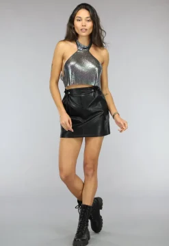 Metallic Zilveren Halter Coin Top met Open Rug