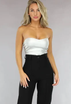 Metallic Zilveren Strapless Top met Sweetheart Halslijn