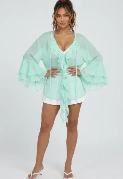 Mintgroene Chiffon Blouse met Ruches en Knoopsluiting