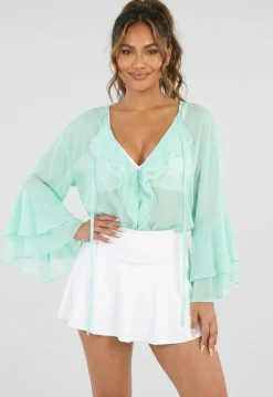 Mintgroene Chiffon Blouse met Ruches en Knoopsluiting