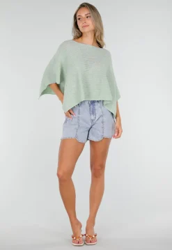 Mintgroene Gebreide Poncho Trui met Wijde Pasvorm
