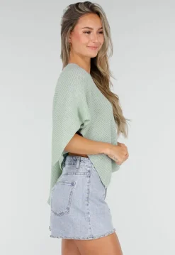 Mintgroene Gebreide Poncho Trui met Wijde Pasvorm