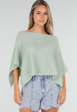 Mintgroene Gebreide Poncho Trui met Wijde Pasvorm