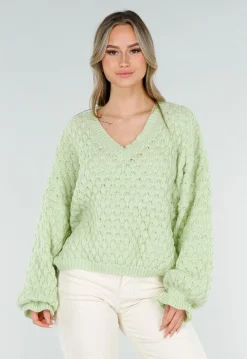 Mintgroene Gebreide Trui met V Hals
