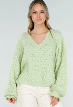 Mintgroene Gebreide Trui met V Hals