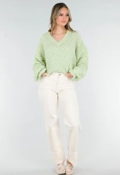Mintgroene Gebreide Trui met V Hals