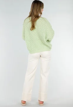 Mintgroene Gebreide Trui met V Hals