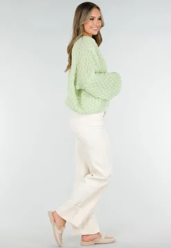 Mintgroene Gebreide Trui met V Hals
