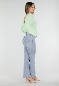 Mintgroene Gebreide Wollen Twist Trui met V Hals en Open Rug
