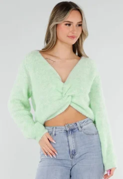 Mintgroene Gebreide Wollen Twist Trui met V Hals en Open Rug