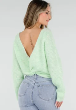 Mintgroene Gebreide Wollen Twist Trui met V Hals en Open Rug