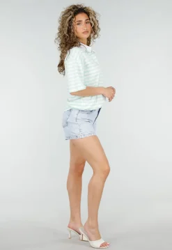 Mintgroene Gestreepte Polo T-shirt met Kraag en Korte Mouwen