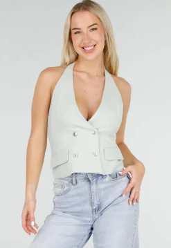 Mintgroene Gilet Top met Open Rug en Gouden Knopen