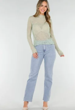 Mintgroene Kanten Top met Lange Mouwen en Stretch