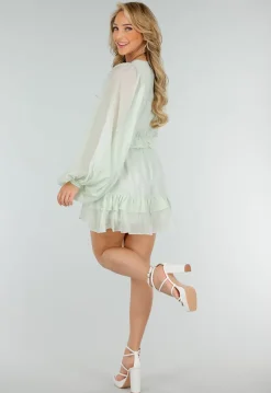Mintgroene Korte Jurk met Volants, Knoopjes en Ballonmouwen