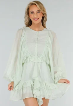Mintgroene Korte Jurk met Volants, Knoopjes en Ballonmouwen