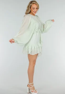 Mintgroene Korte Jurk met Volants, Knoopjes en Ballonmouwen