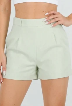 Mintgroene Linnenlook Short met Plooien en Rechte Pijpen