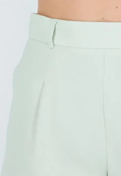 Mintgroene Linnenlook Short met Plooien en Rechte Pijpen