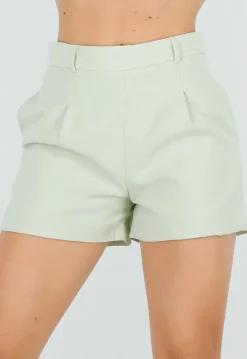 Mintgroene Linnenlook Short met Plooien en Rechte Pijpen