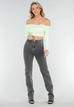 Mintgroene Off Shoulder Crop Top met Lange Mouwen en Pads