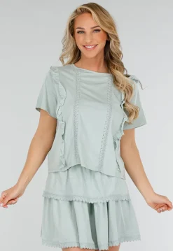 Mintgroene Two Piece Set met Ruches en Embroidery details